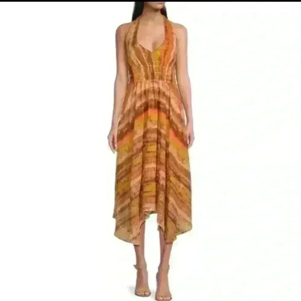 Taylor Halter V Neck Sleeveless Smocked Waist Dress